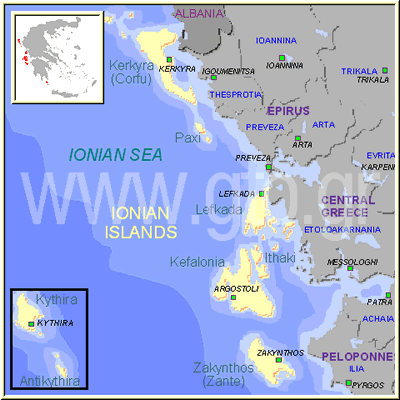 Map of Ionian Islands presented by gto.gr