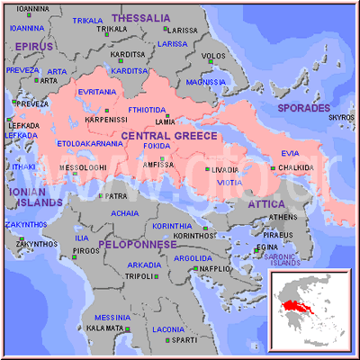 Map of Central Greece presented by gto.gr